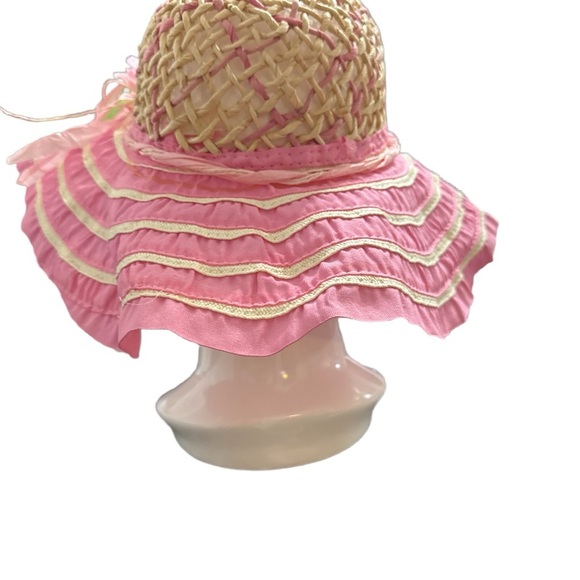Pink and Tan Woven Sun Hat with Flower Accent - Picture 3 of 4